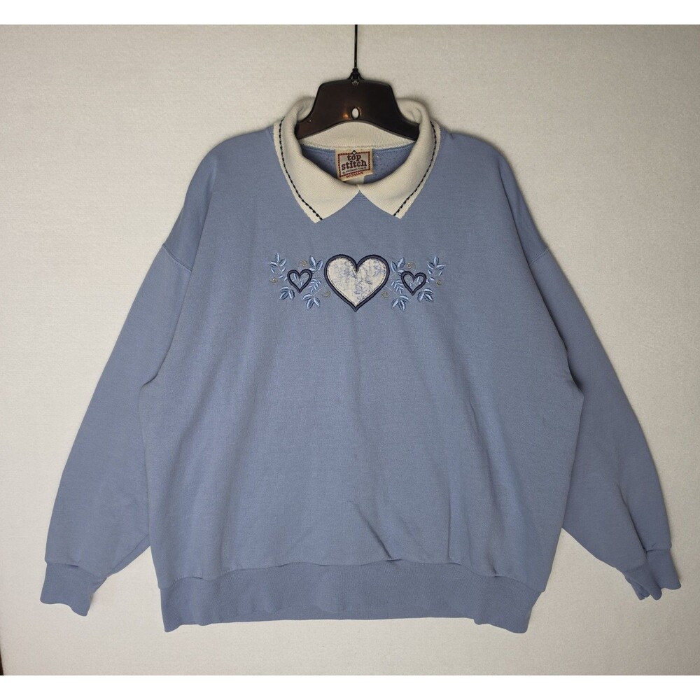 VTG  Top Stitch Morning Sun Blue Heart Collared Grandma Sweatshirt Womens Large